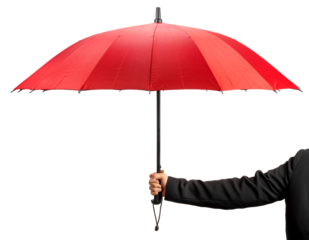 Hand Holding red color umbrella isolated on white background, Hand Holding red umbrella on White Background  PNG file.