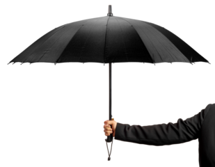 Hand Holding Black color umbrella isolated on white background, Hand Holding Black umbrella on White Background  PNG file.