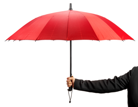 Hand Holding red color umbrella isolated on white background, Hand Holding red umbrella on White Background  PNG file.