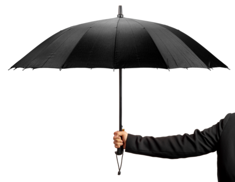 Hand Holding Black color umbrella isolated on white background, Hand Holding Black umbrella on White Background  PNG file.