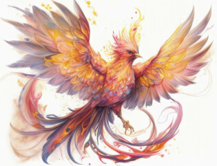 Obraz premium A brilliant phoenix rose from the ashes its wings shimmering with a mysterious inner light. Cute creature. AI generation.