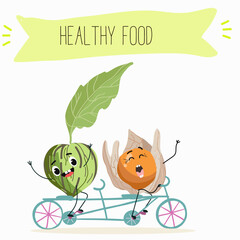 Illustration with funny characters tomatillo, tomato, physalis, uvilla, phisalis, uchuva, phisalys, 
ground cherry,   Funny and healthy food. Vitamins, cute face food, ingredients, vegetarian, vector 