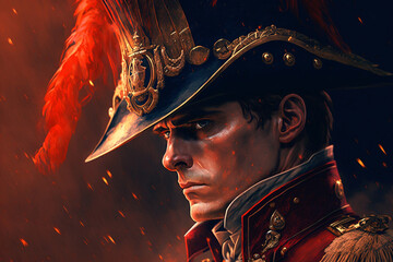 closeup of french 18th century soldier in uniform, generative ai