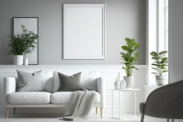 Blank square frame mockup for artwork or print on white or gray wall with eucalyptus green plant in vase and sofa scandinavian style, copy space.