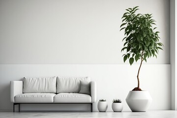 Blank square frame mockup for artwork or print on white or gray wall with eucalyptus green plant in vase and sofa scandinavian style, copy space.