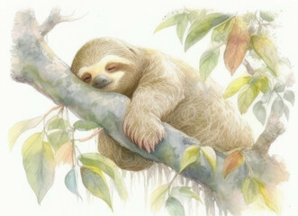 A sleepy sloth dozing in the tree. Cute creature. AI generation.