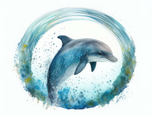 A beaming dolphin swimming in circles near the shoreline. Cute creature. AI generation.
