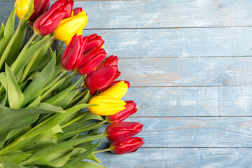 Banner with bouquet of tulips in pink and white colors. Concept of spring. Flowers background.