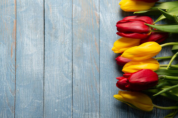 Banner with bouquet of tulips in pink and white colors. Concept of spring. Flowers background.