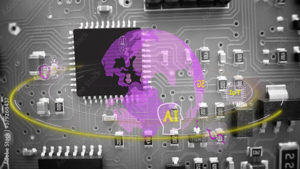 Poster world map and chatgpt ai icons on a motherboard background - 3d render