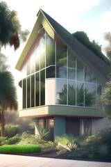house in the woods, portrait of a modern green house  illustration with Generative AI - 579268449
