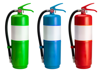 Fire extinguisher on white background, Red, Green, Blue  Fire extinguisher on white PNG File.