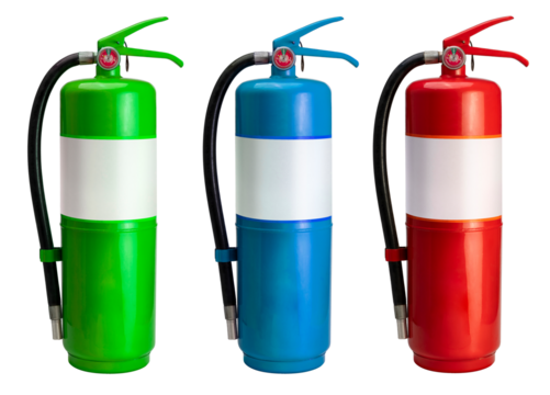Fire extinguisher on white background, Red, Green, Blue  Fire extinguisher on white PNG File.
