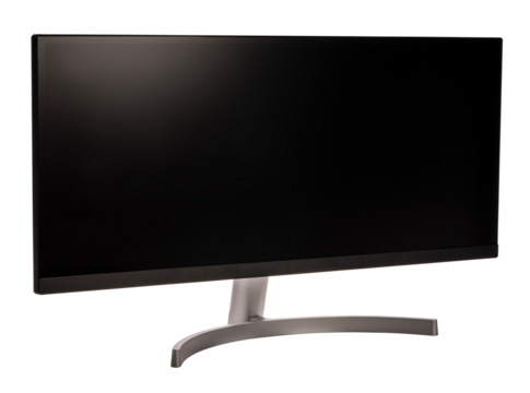 Ultrawide lcd monitor screen isolated on white background, Front view of television or computer screen on white PNG file.