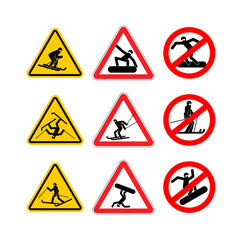 Attention stop Snowboarder, Skier sign set. Warning yellow and red road sign. Caution snowboarding, Skiing