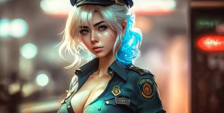 young beautiful female cop in uniform in drawn style. Generative AI illustration