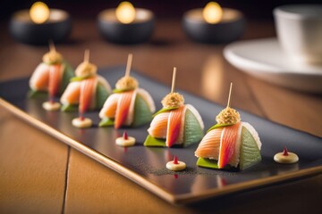 A set of Nigiri sushi on a luxurious plate, Japanese traditional food. Made by Ai, artificial intelligence.