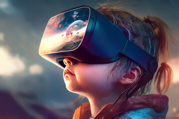 Naklejka premium Metaversum and child concept, child with virtual reality headset retreats to a dream world. Generative AI