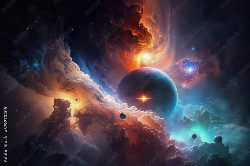 Poster nebula gas cloud in deep outer space. futuristic cosmos design. generative ai