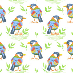 Seamless pattern of birds drawn by colored pencils. On a white background. For fabric, sketchbook, wallpaper, wrapping paper.