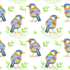 Seamless pattern of birds drawn by colored pencils. On a white background. For fabric, sketchbook, wallpaper, wrapping paper.