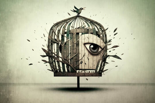 Idea art of freedom soul and inspiration. Artwork of a bird cage on human face. Generative Ai Technology.