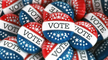 Fototapeta premium Stack of blue, red and white colored vote buttons decorated with star shapes. 3D illustration