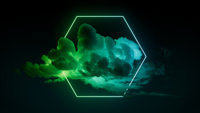 Cloud Formation Illuminated with Green and Turquoise Fluorescent Light. Dark Environment with Hexagon shaped Neon Frame.