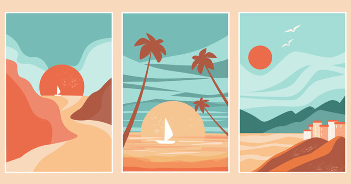 A set of abstract contemporary posters depicting the ocean, boats against the background of the sun, sunset. A seaside town on a mountain. Vector graphics.