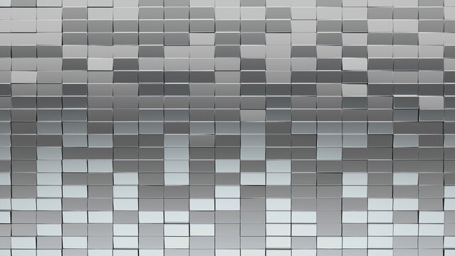 Glossy, Silver Wall background with tiles. 3D, tile Wallpaper with Rectangular, Polished blocks. 3D Render