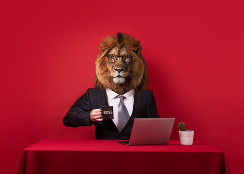 Lion boss working on his laptop, on a red background. Lion head is generative Ai. 
