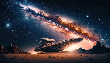 Obraz premium AI Generative Illustration of a Creative Photo of The Vastness of the Universe A Spaceship in Front of the Milky Way Galaxy