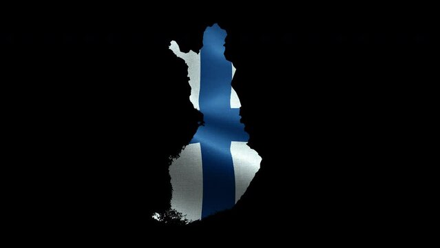 4K waving national flag of Finland on the map. Alpha channel seamless Finnish flag on territory. Outline geographic country border of Finland stock video.