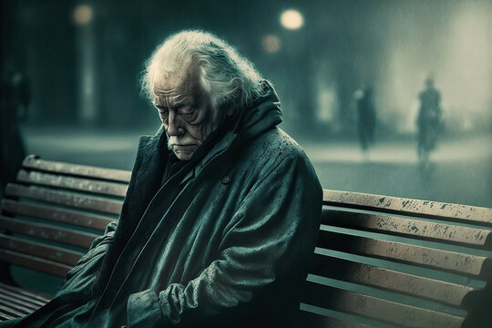 elderly lonely sad man is sitting on a park bench in evening in rain. Generative AI