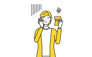 預金通帳を見て落ち込む定年退職したシニア・中年女性