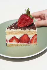 Strawberry cheesecake dessert on white background