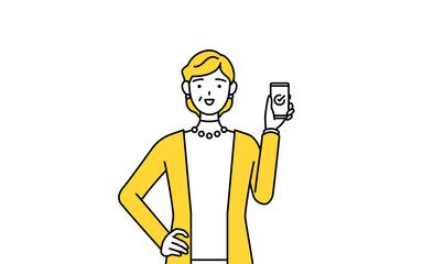 仕事でスマホを使う定年退職したシニア・中年女性