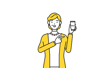 スマホのキャッシュレス・オンライン決済を勧める定年退職したシニア・中年女性