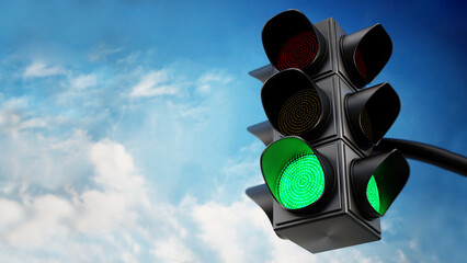 Green traffic light against blue sky. 3D illustration - obrazy, fototapety, plakaty