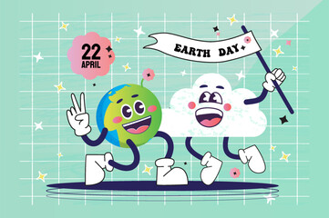International Earth Day. Cartoon cute smile earth planet character. Cloud hugging the Earth in retro style. Hugs. Flower Power Planet. Save the Earth. 70s. 60s. Green planet.