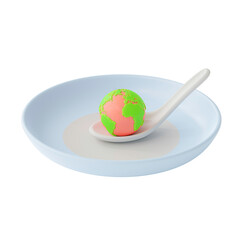 Ice cream or Sweets dessert in shape of globe pink green color on spoon placed on plate. Minimal idea concept. Transparent background. 3D PNG Render.