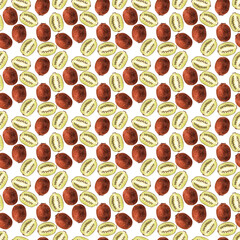 Watercolor seamless pattern with flowers, ripe fruits, branches and leaves of a kiwi tree