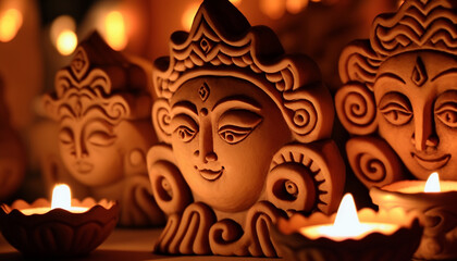 Clay Diya lamps lit during Diwali Hindu festival of light