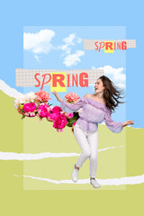 Pretty fantastic stunning ukrainian appearance lady dancing on blue yellow colors background enjoy sky flowers blossom nice air blowing