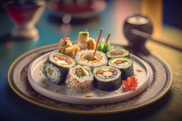 A set of Maki sushi on a luxurious plate, Japanese traditional food. Made by Ai, artificial intelligence.