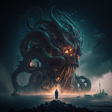 Gigantisches Seemonster mit Tentakel und gl&uuml;henden Augen - Fantasy Motiv - Generative AI