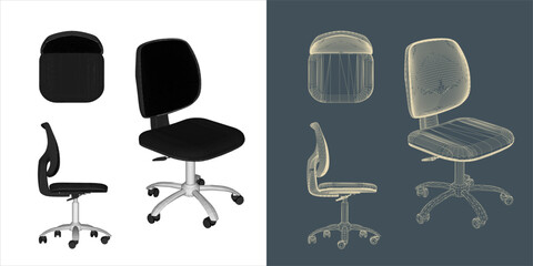 Vector modern Office chair ergonomic in various points of view. blue print isolated background