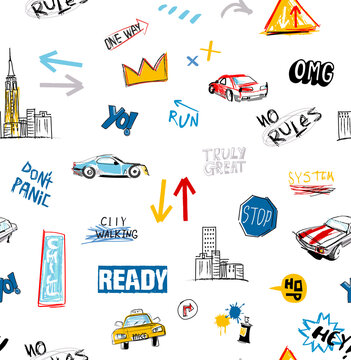 Hand drawn city seamless pattern with cars, signs, Park, houses on a white background. Illustration of a town in a cartoon style for Wallpaper, fabric, and textile design.