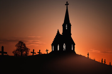 Obraz premium church in the evening,silhouette By Generative AI