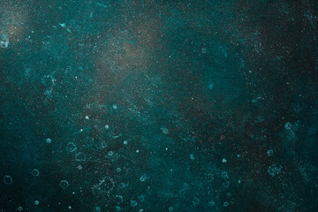 Beautiful Abstract Grunge Decorative Turquoise Dark Wall Background. Art Rough Stylized Texture Web Banner With Space For Text. Textured Background with bright center spotlight.